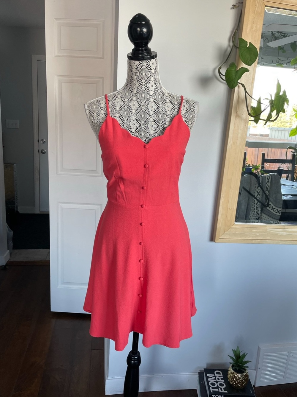 Pretty Feminine Coral Fit and Flare Dress. Stretchy. Large.